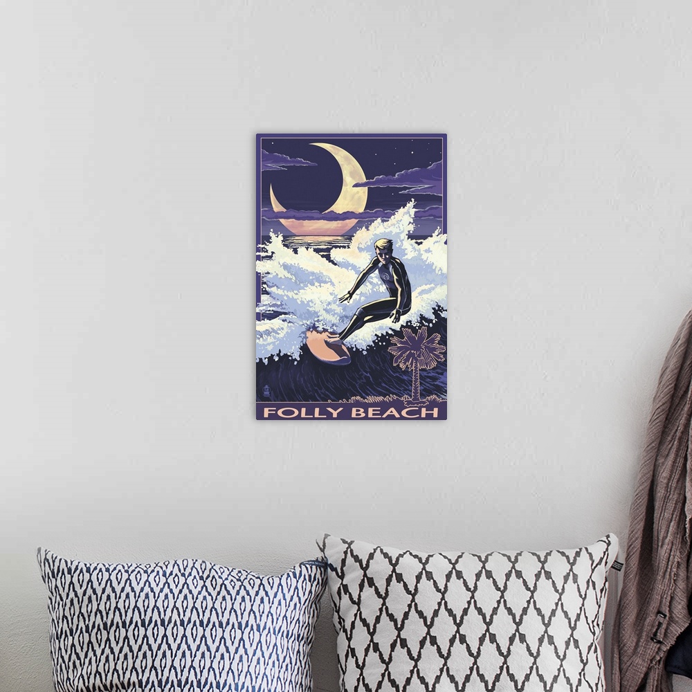 A bohemian room featuring Folly Beach, SC - Surfer with Palmetto Moon: Retro Travel Poster