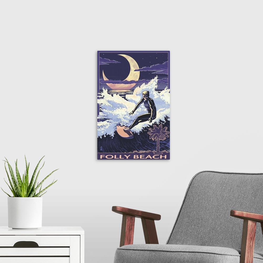 A modern room featuring Folly Beach, SC - Surfer with Palmetto Moon: Retro Travel Poster