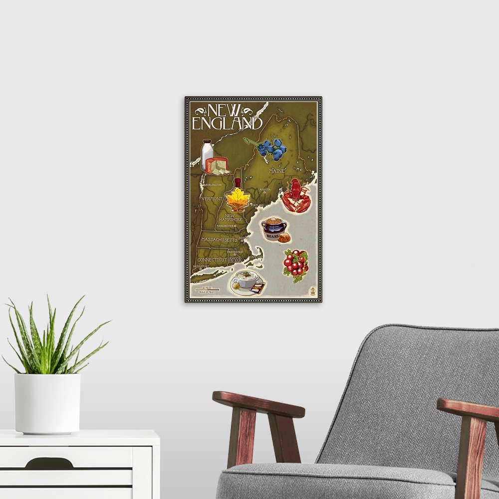 A modern room featuring Foods of New England Map: Retro Travel Poster