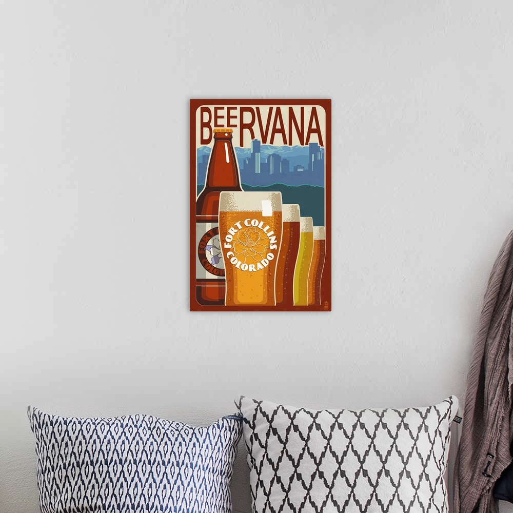 A bohemian room featuring Fort Collins, Colorado - Beervana Vintage Sign: Retro Travel Poster