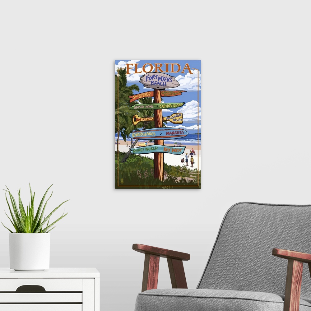 A modern room featuring Fort Myers Beach, Florida, Destination Signs