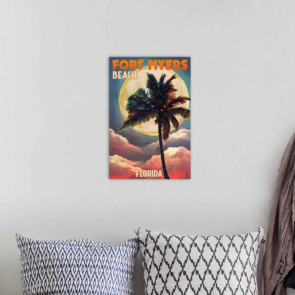 A bohemian room featuring Fort Myers Beach, Florida - Palms and Moon Sunset: Retro Travel Poster