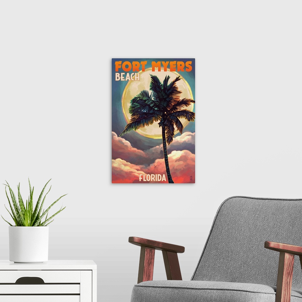 A modern room featuring Fort Myers Beach, Florida - Palms and Moon Sunset: Retro Travel Poster
