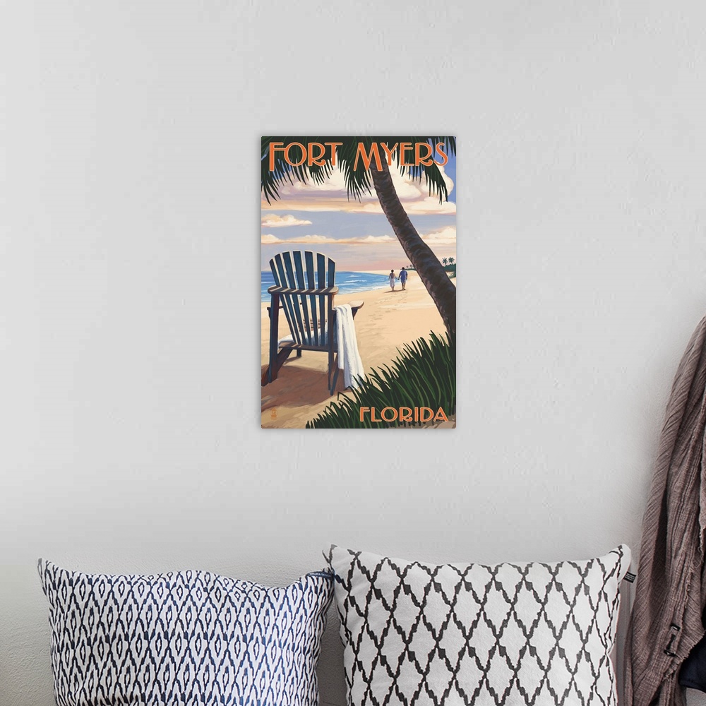 A bohemian room featuring Fort Myers, Florida - Adirondack Chair on the Beach: Retro Travel Poster