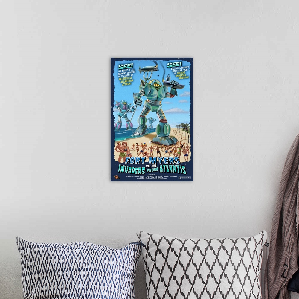 A bohemian room featuring Fort Myers, Florida - Fort Myers vs. Atlantean Invaders: Retro Travel Poster