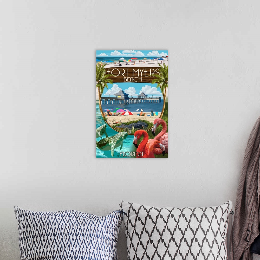 A bohemian room featuring Retro stylized art poster of a pier over the ocean in the center of the image, with other coastal...