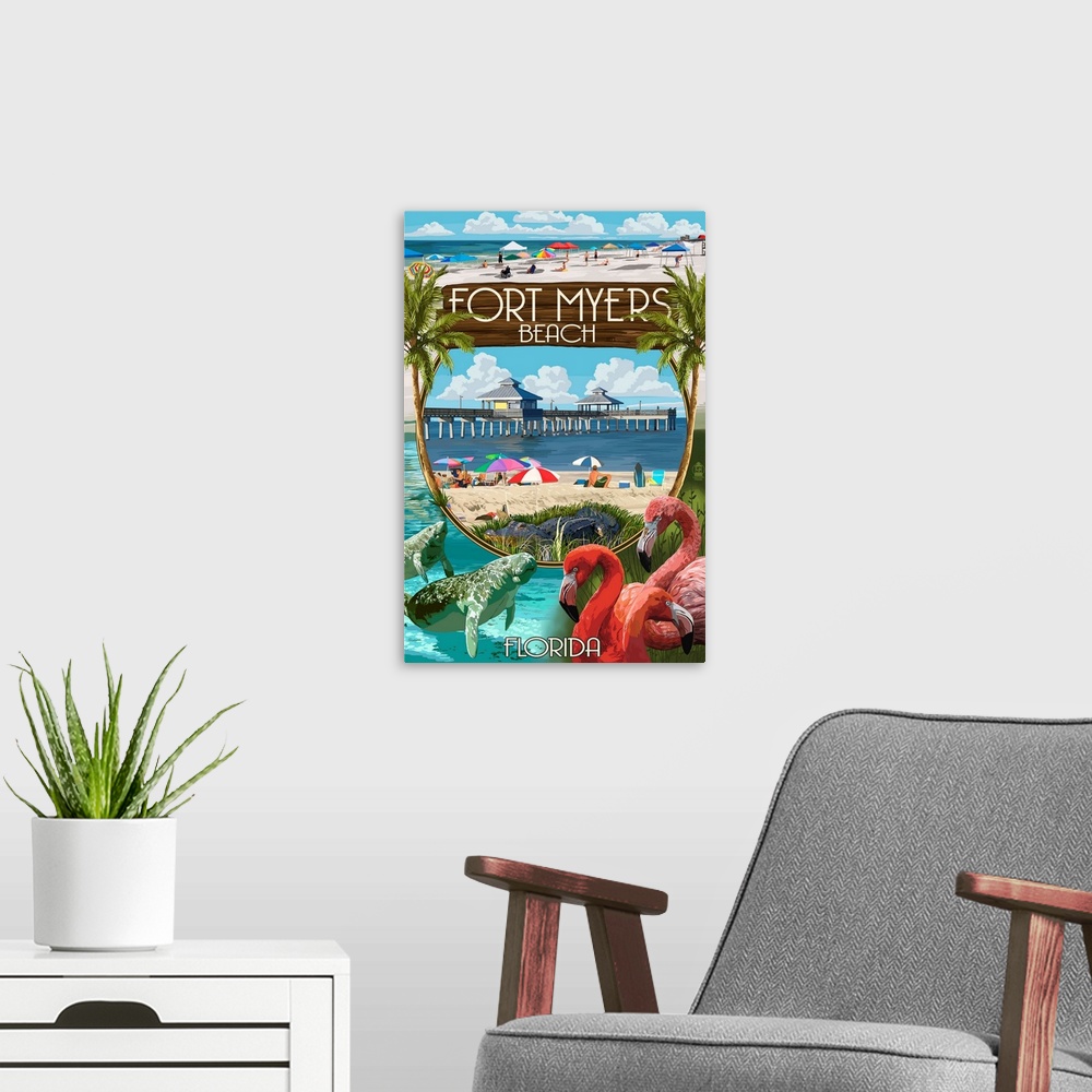 A modern room featuring Retro stylized art poster of a pier over the ocean in the center of the image, with other coastal...