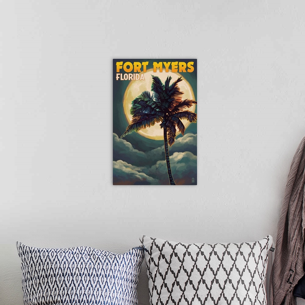 A bohemian room featuring Fort Myers, Florida - Palms and Moon: Retro Travel Poster