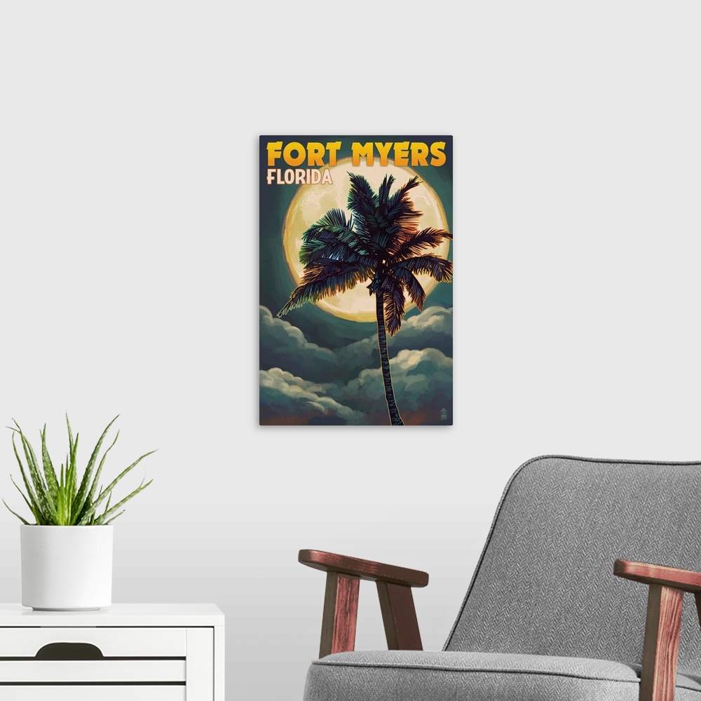 A modern room featuring Fort Myers, Florida - Palms and Moon: Retro Travel Poster