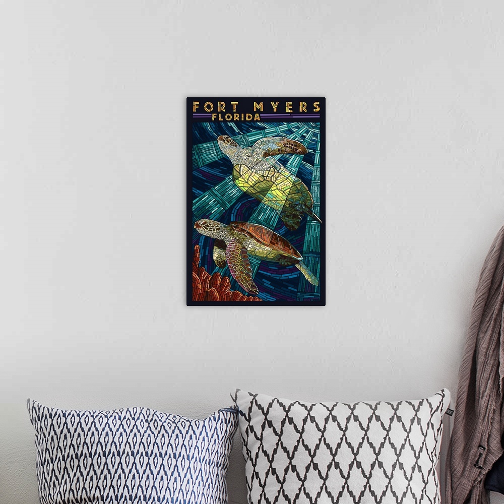 A bohemian room featuring Fort Myers, Florida - Sea Turtle Paper Mosaic: Retro Travel Poster