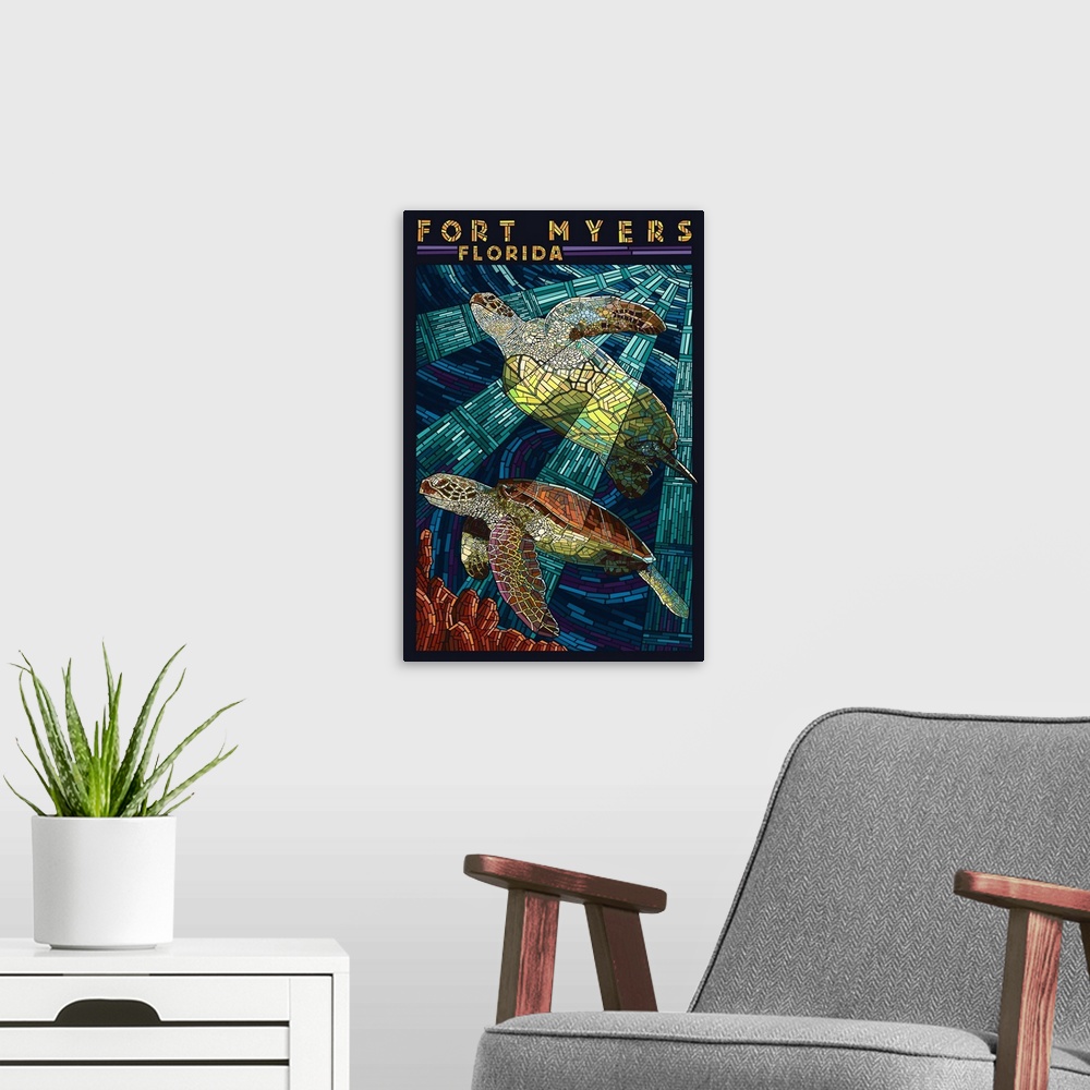 A modern room featuring Fort Myers, Florida - Sea Turtle Paper Mosaic: Retro Travel Poster