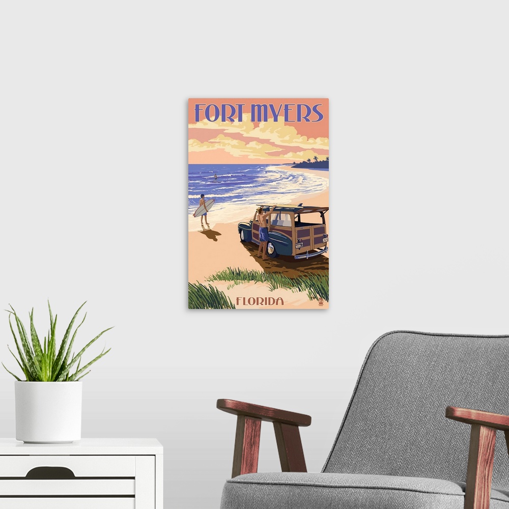 A modern room featuring Fort Myers, Florida - Woody On The Beach: Retro Travel Poster