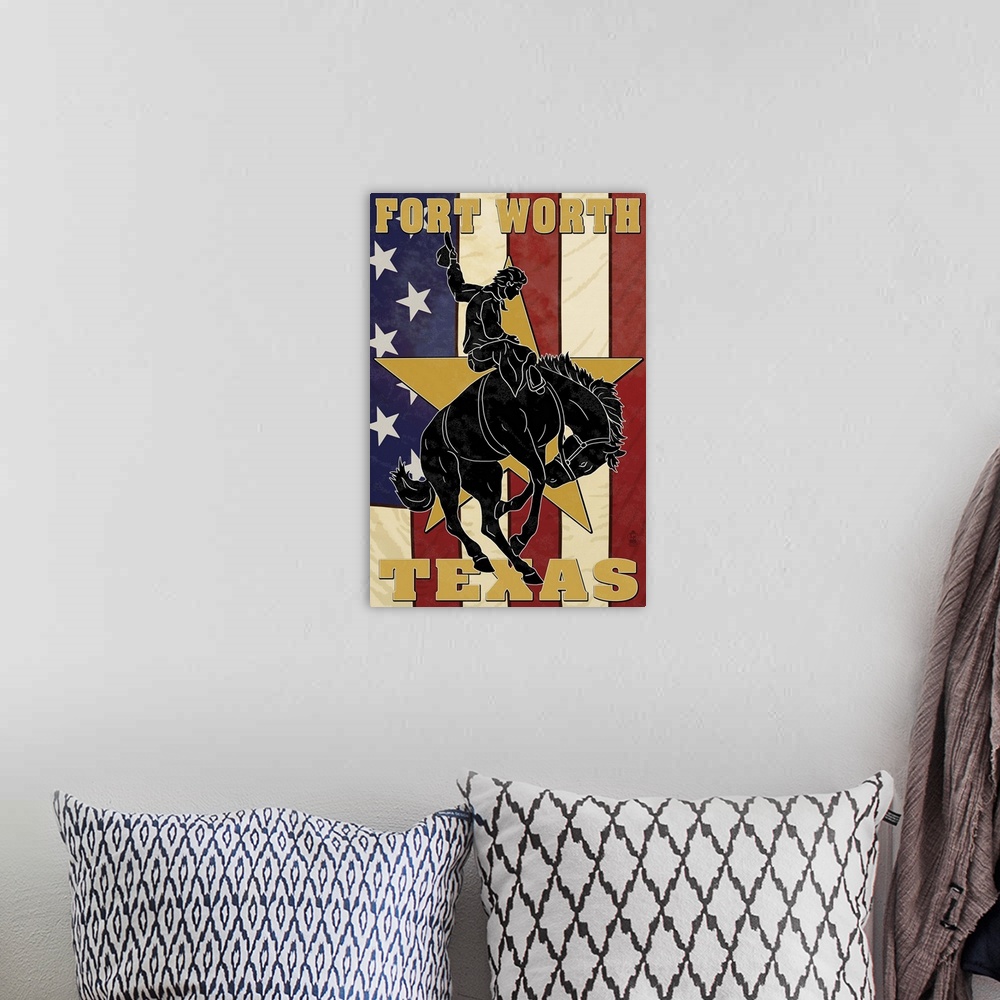 A bohemian room featuring Fort Worth, Texas - Cowboy and Bucking Bronco: Retro Travel Poster