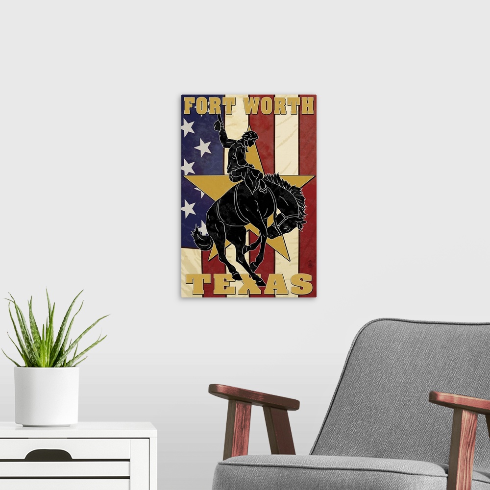 A modern room featuring Fort Worth, Texas - Cowboy and Bucking Bronco: Retro Travel Poster
