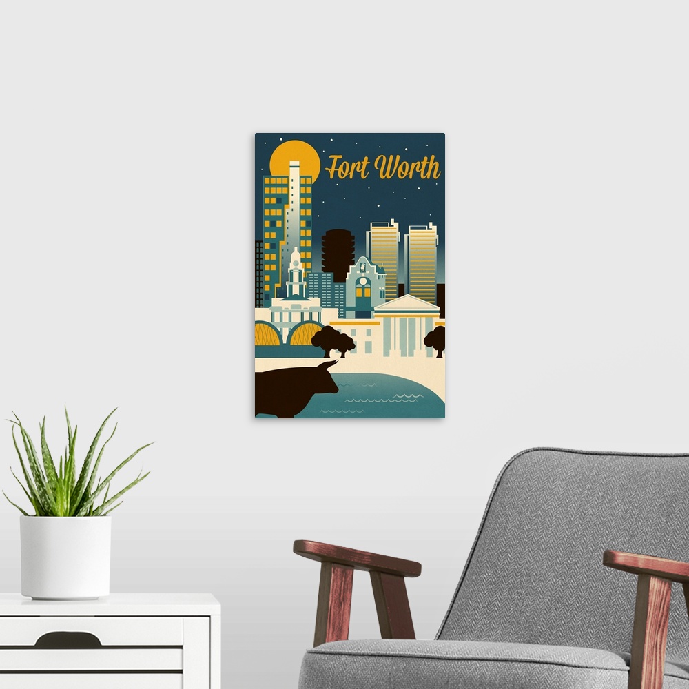 A modern room featuring Fort Worth, Texas - Retro Skyline Series