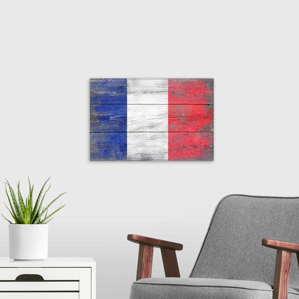 A modern room featuring The flag of France with a weathered wooden board effect.