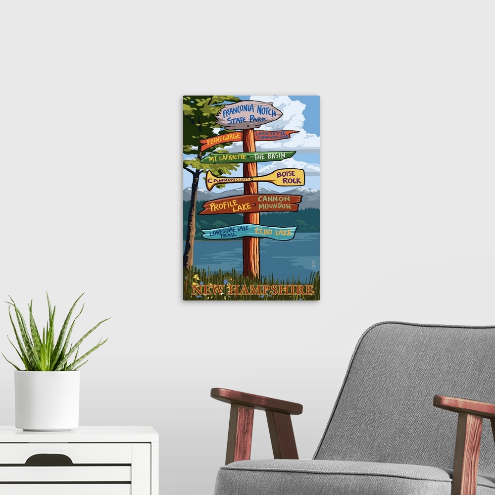 A modern room featuring Franconia Notch, New Hampshire - Destination Sign: Retro Travel Poster