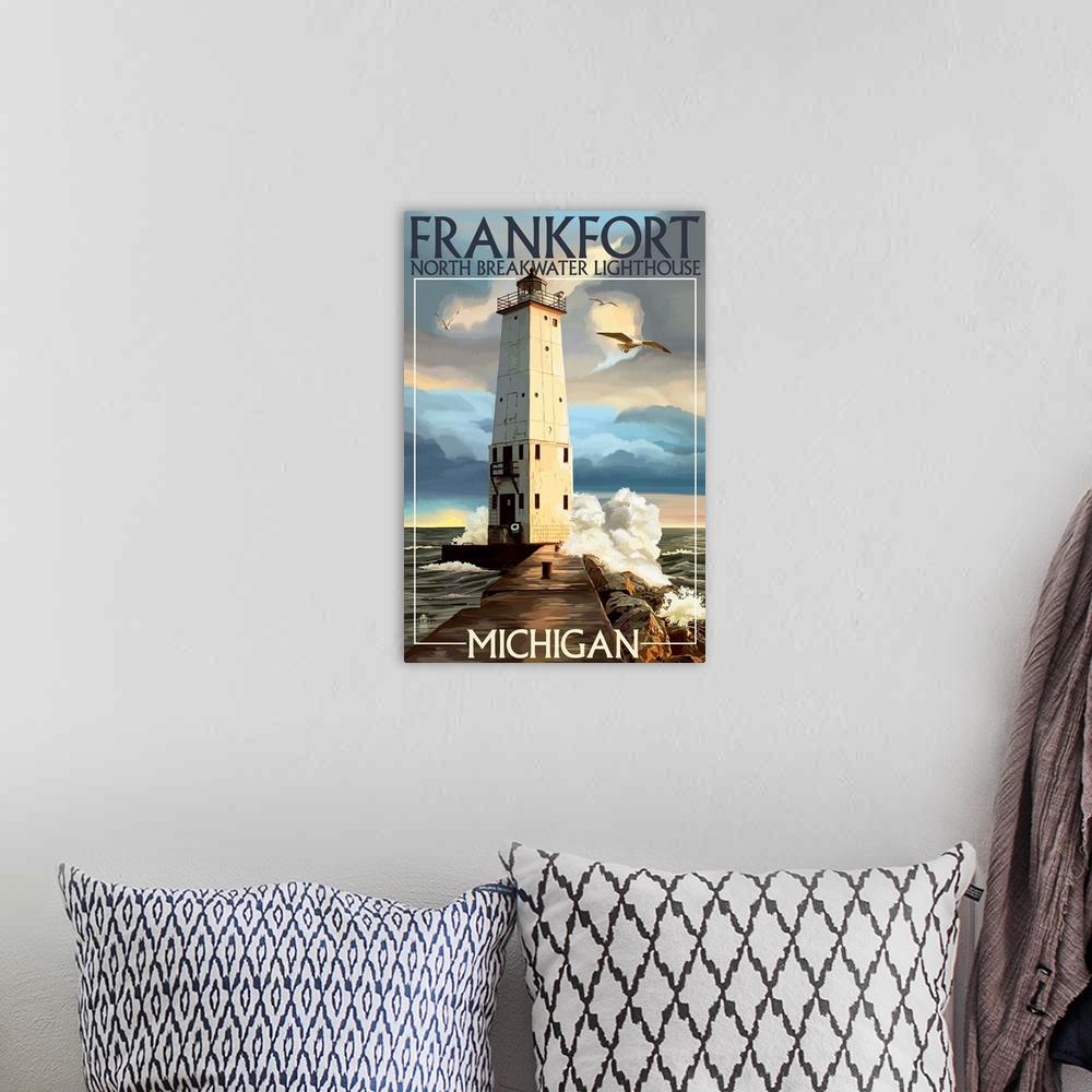 A bohemian room featuring Retro stylized art poster of a lighthouse in a rocky coast, overlooking the ocean.