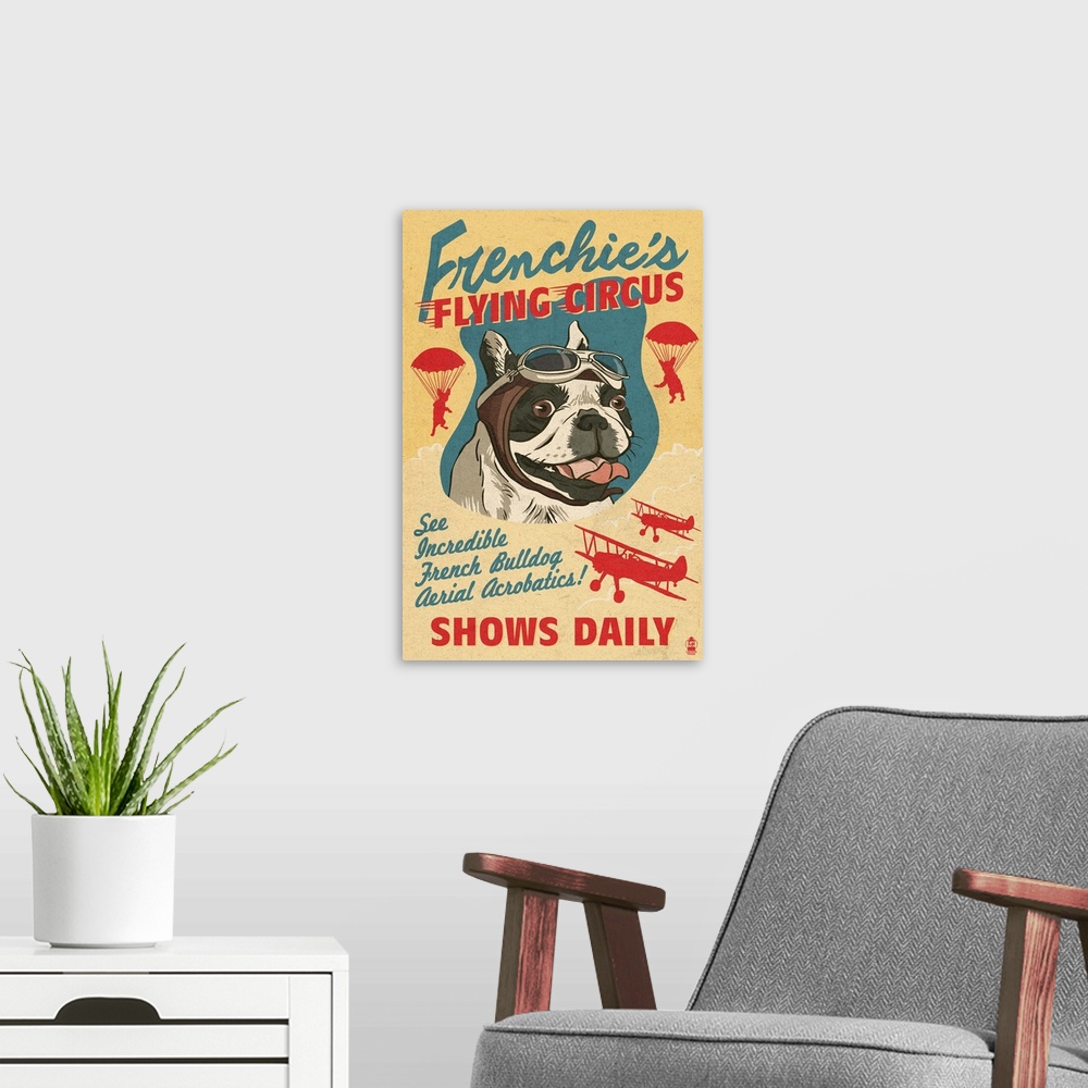 A modern room featuring Parody retro advertisement featuring a French Bulldog airshow.