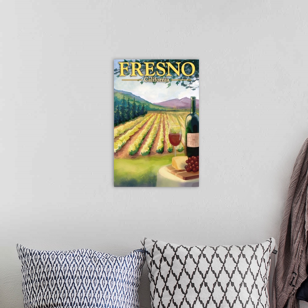 A bohemian room featuring Stylized art poster made to look like a watercolor painting of a vineyard at the foot of slow mou...