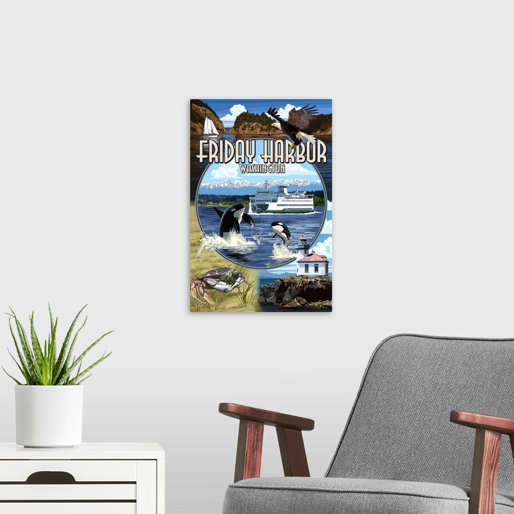 A modern room featuring Retro stylized art poster of a montage of different images, including whales, an eagle, and a lig...