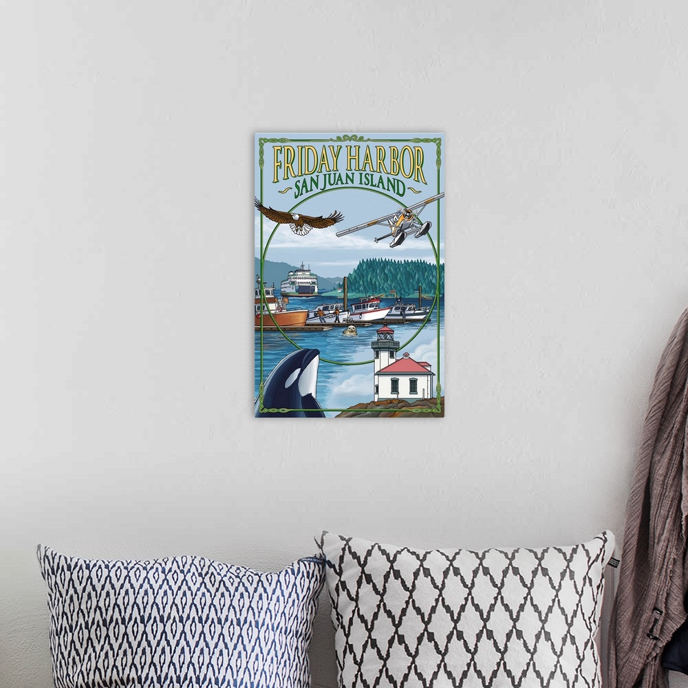 A bohemian room featuring Friday Harbor, San Juan Island, WA Views: Retro Travel Poster