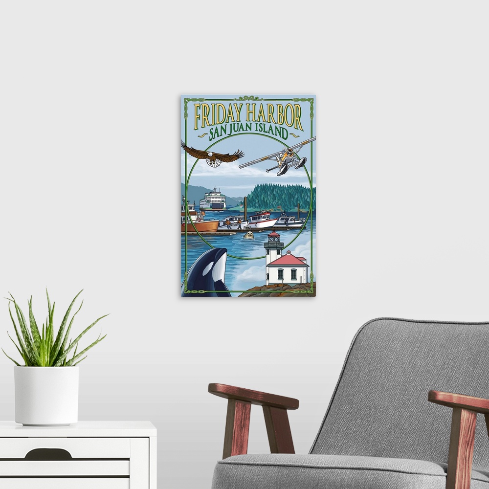 A modern room featuring Friday Harbor, San Juan Island, WA Views: Retro Travel Poster