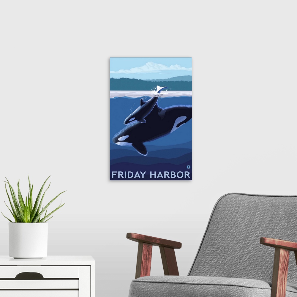 A modern room featuring Friday Harbor, WA - Orca and Calf: Retro Travel Poster