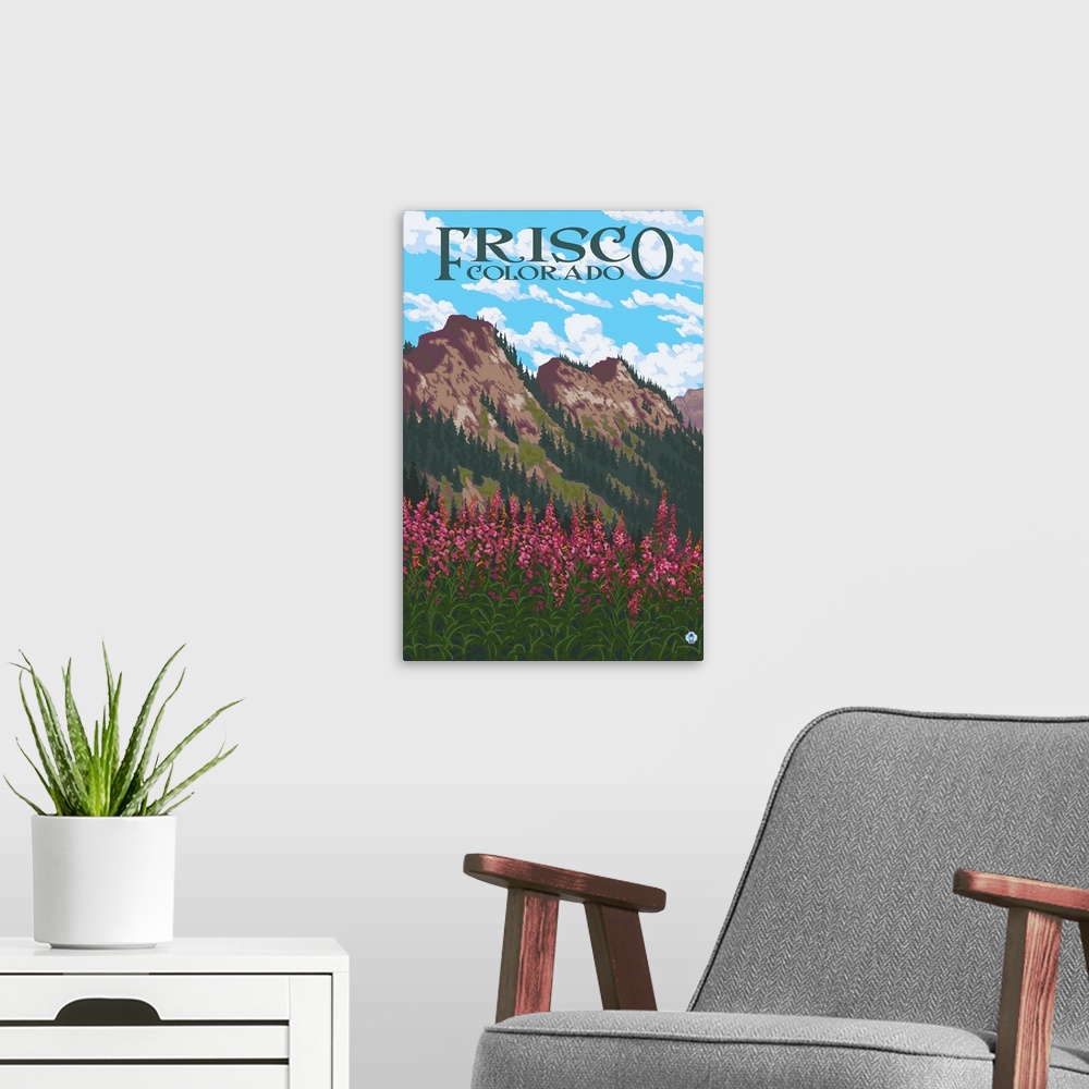 A modern room featuring Retro stylized art poster of fireweed flowers in a field, with mountains in the background.