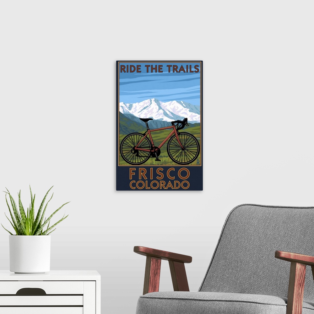 A modern room featuring Frisco, Colorado - Mountain Bike and Mountains: Retro Travel Poster