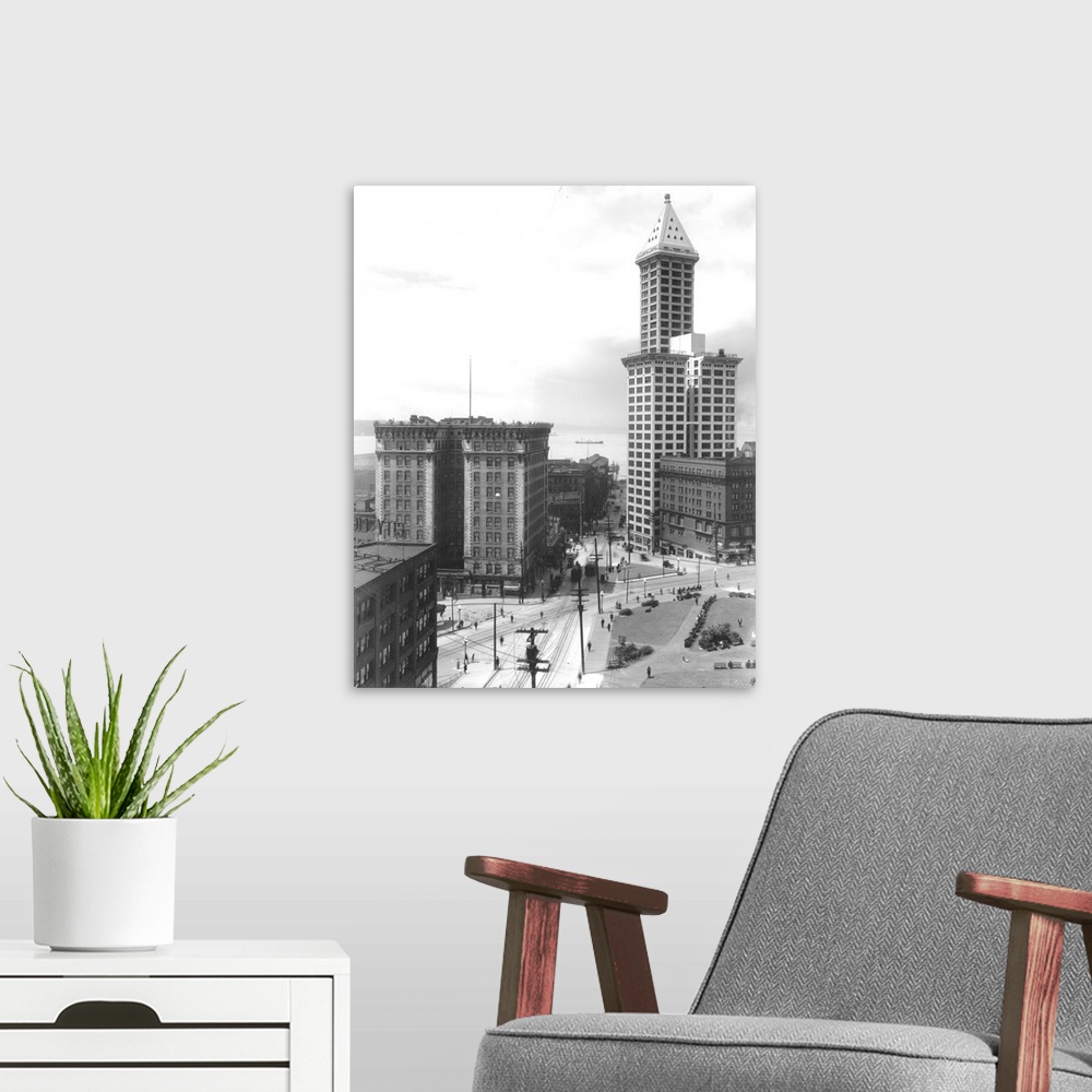 A modern room featuring Frye Hotel and Smith Tower, Seattle, WA