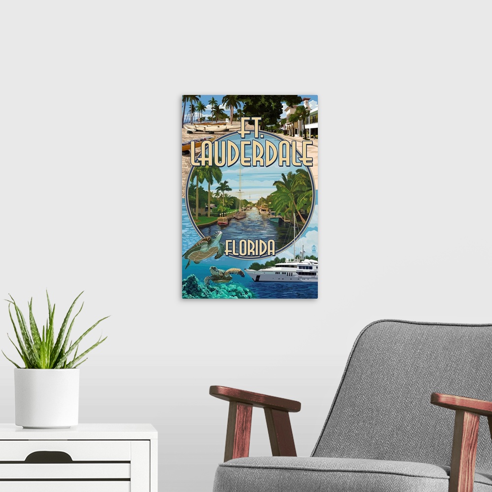 A modern room featuring Retro stylized art poster of different scenes from Fort Lauderdale.