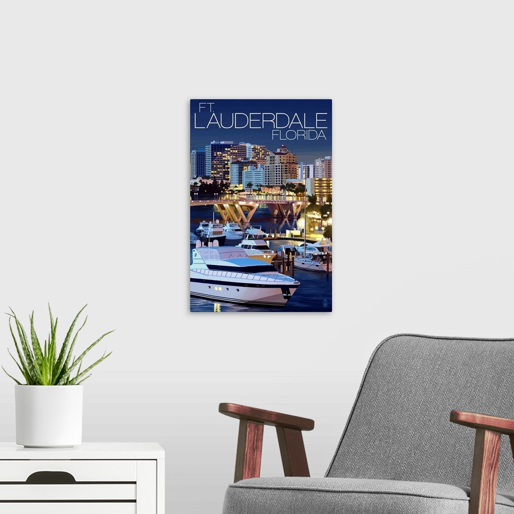 A modern room featuring Retro stylized art poster of different scenes from Fort Lauderdale waterfront.