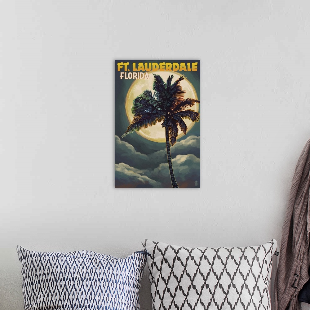 A bohemian room featuring Ft. Lauderdale, Florida - Palms and Moon: Retro Travel Poster