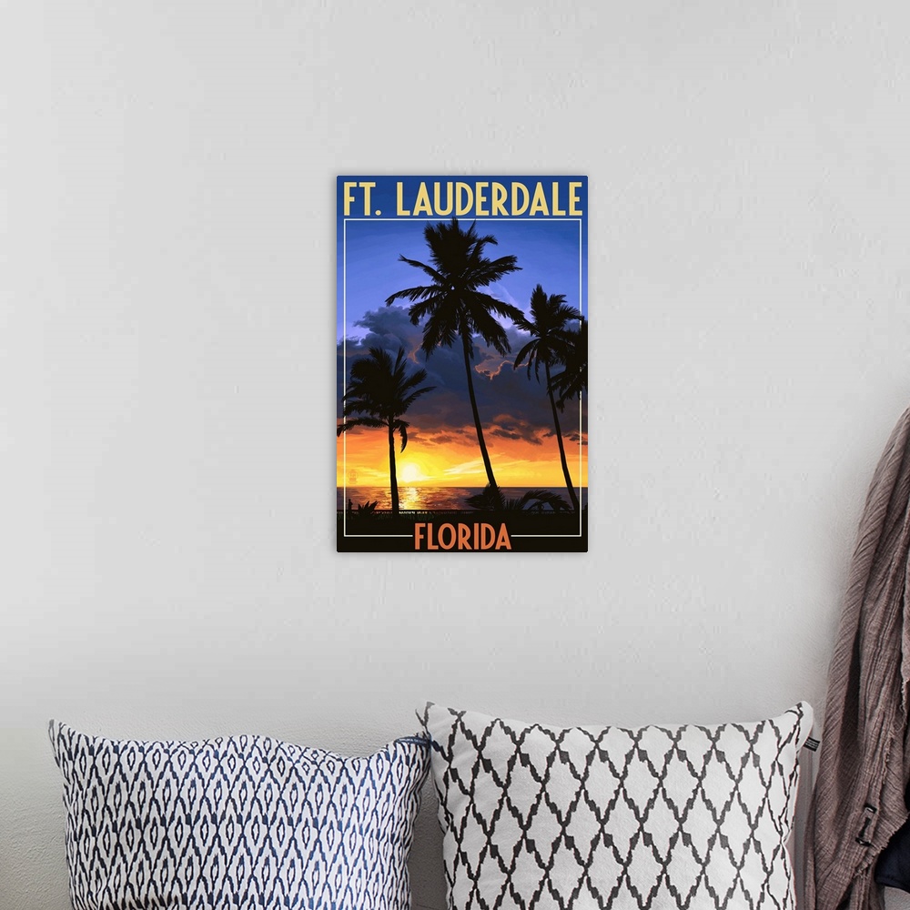 A bohemian room featuring Ft. Lauderdale, Florida - Palms and Sunset: Retro Travel Poster