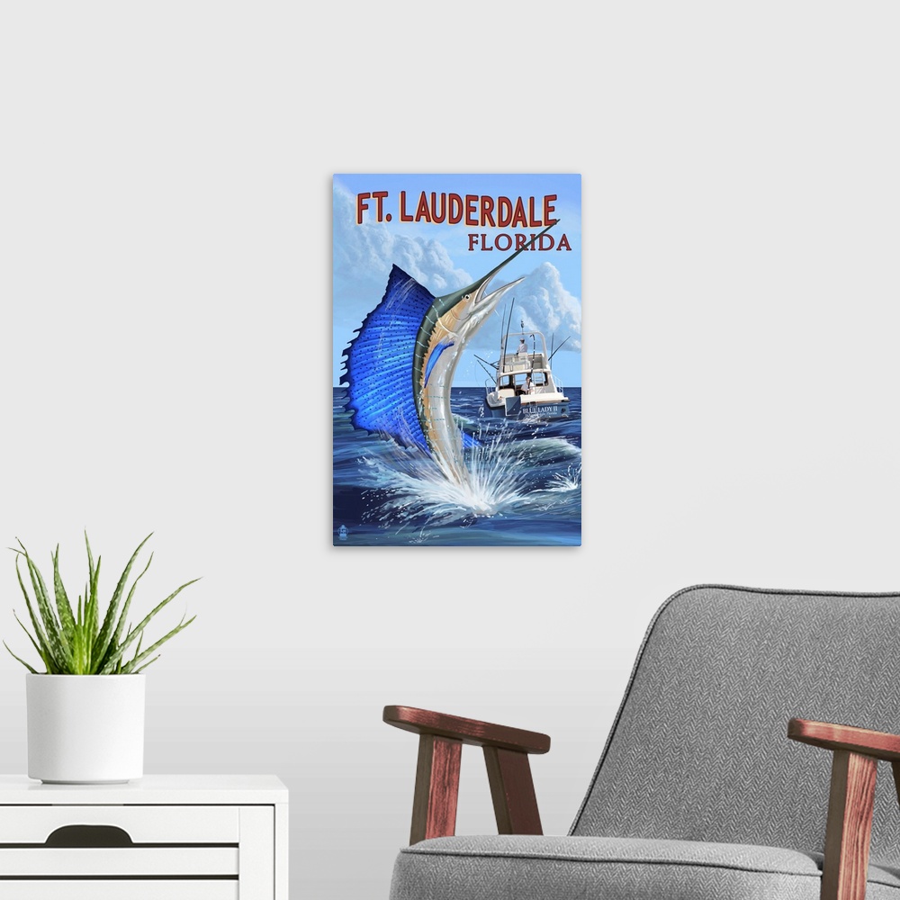 A modern room featuring Retro stylized art poster of a large sailfish leaping out of the water in front of a deep sea fis...