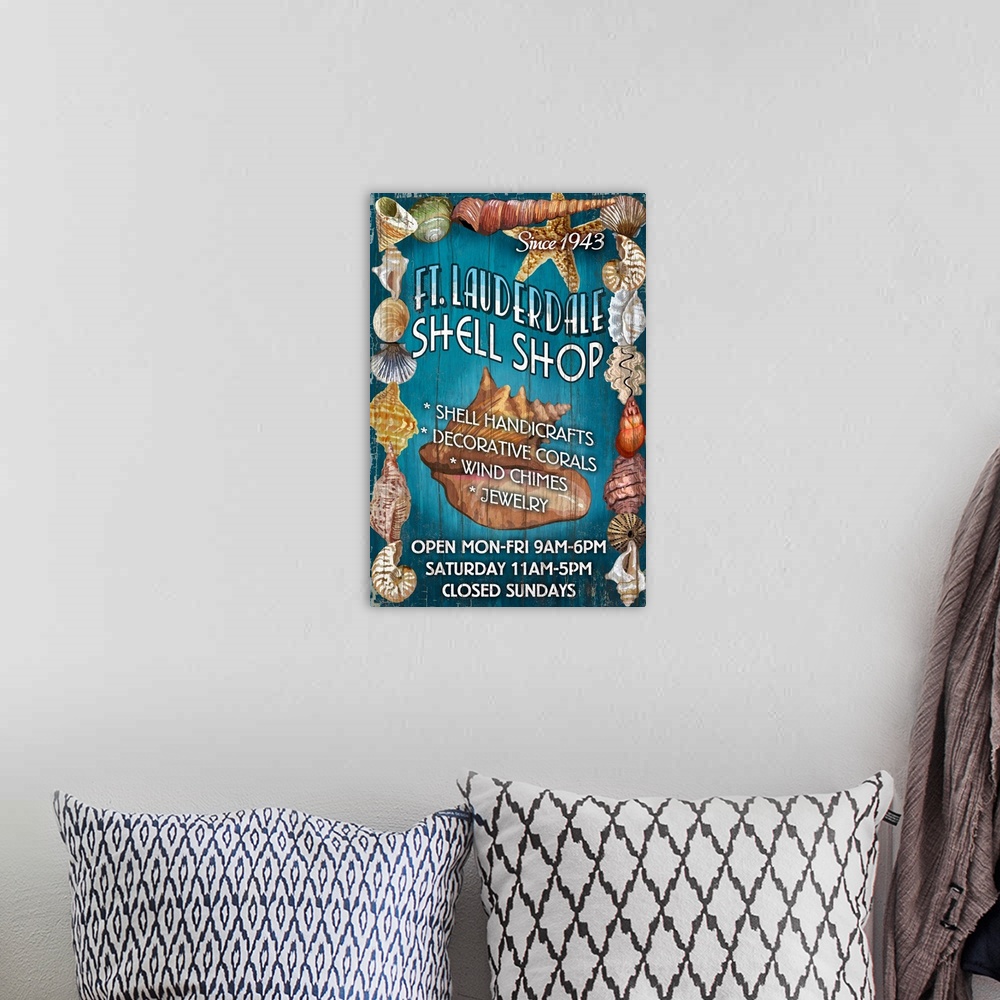 A bohemian room featuring Ft. Lauderdale, Florida - Shell Shop Vintage Sign: Retro Travel Poster