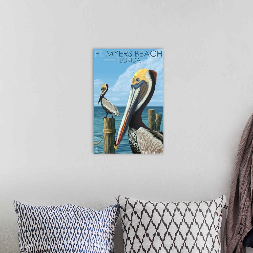 A bohemian room featuring Retro stylized art poster of two pelicans perched on wooden poles in the water.