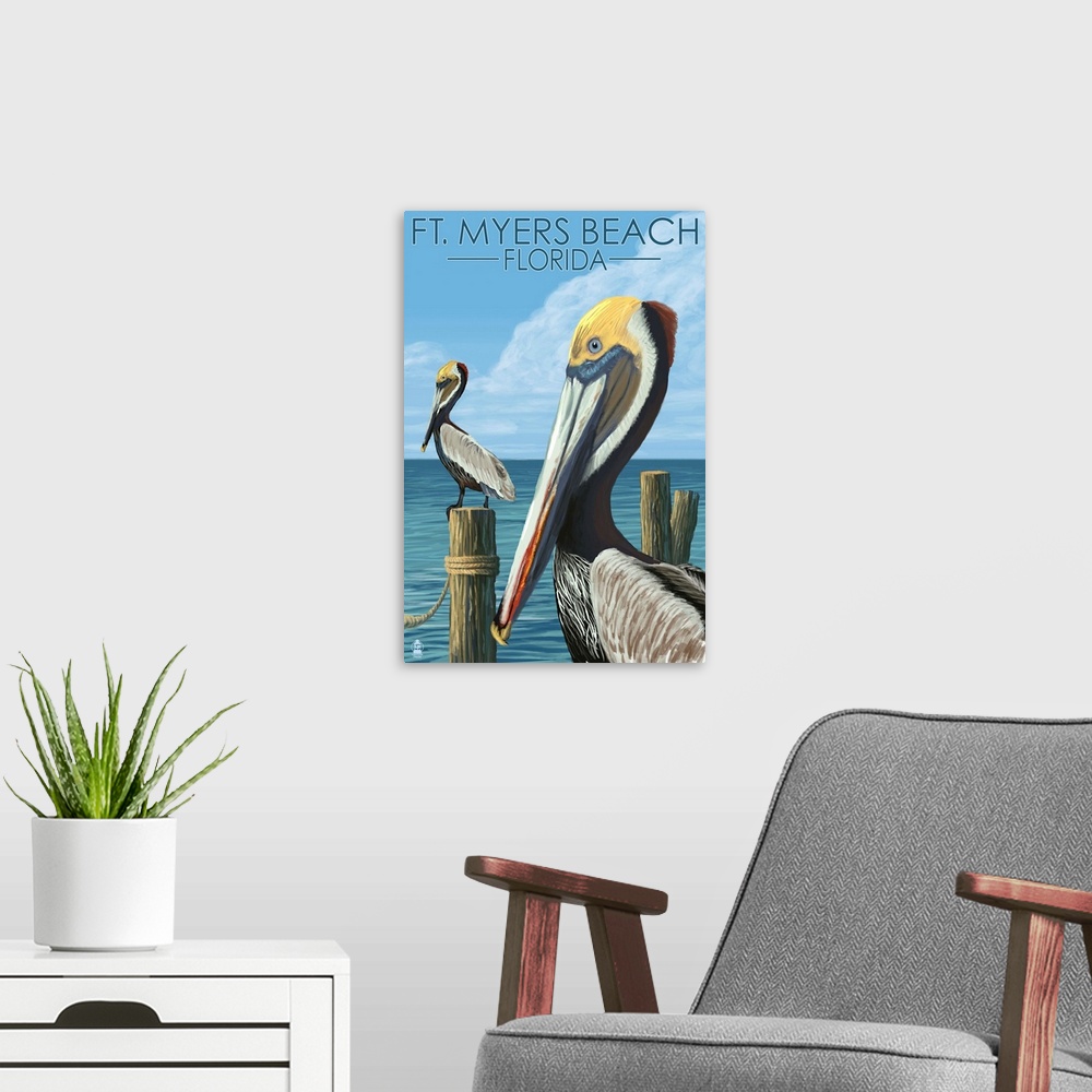 A modern room featuring Retro stylized art poster of two pelicans perched on wooden poles in the water.
