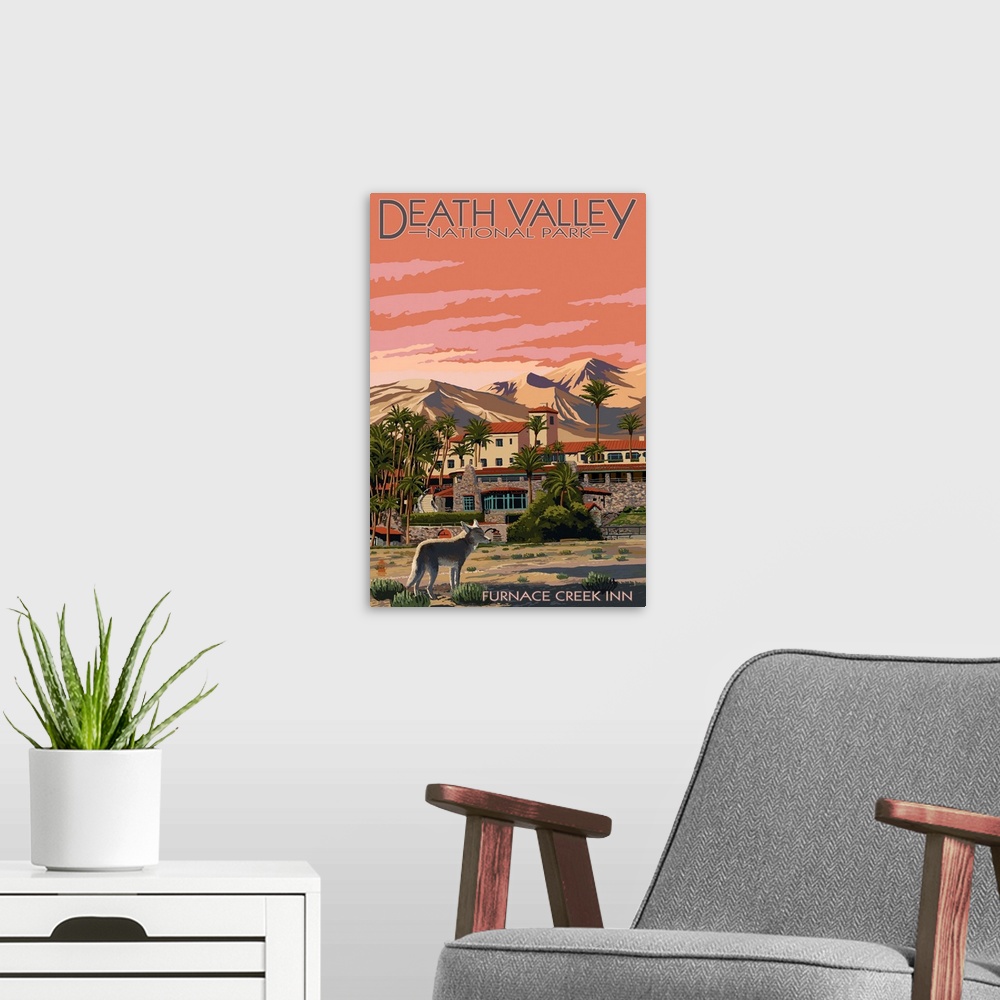 A modern room featuring A retro sylized art poster of a desert resort built at the foot of a mountain and a coyote standi...