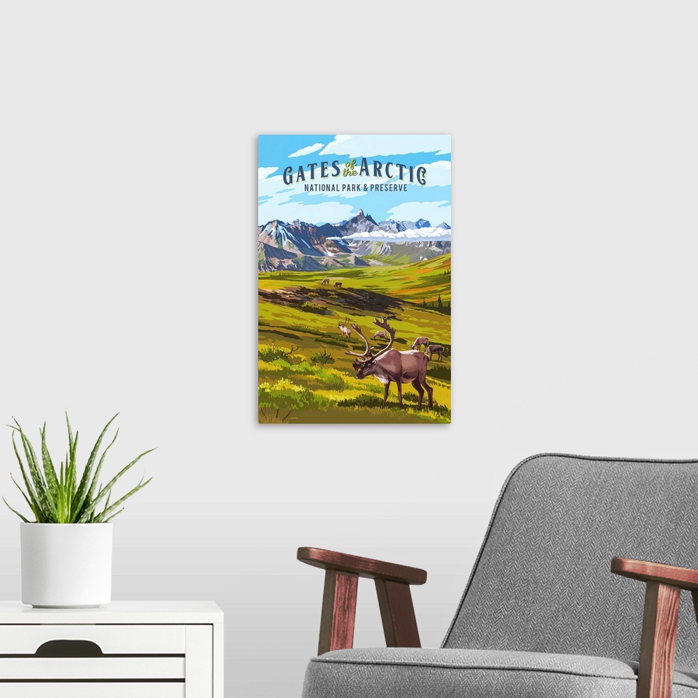 A modern room featuring Gates of the Arctic National Park, Moose Grazing: Retro Travel Poster