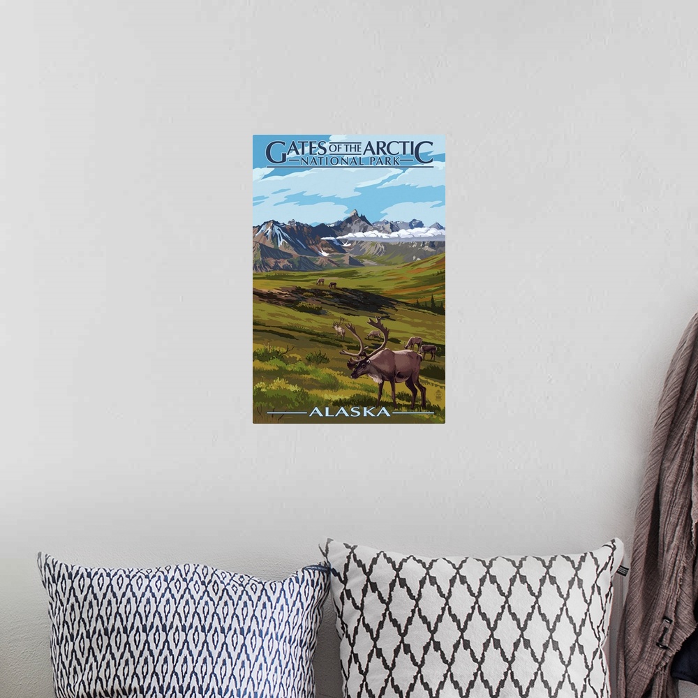 A bohemian room featuring Gates of the Arctic National Park, Moose Grazing: Retro Travel Poster