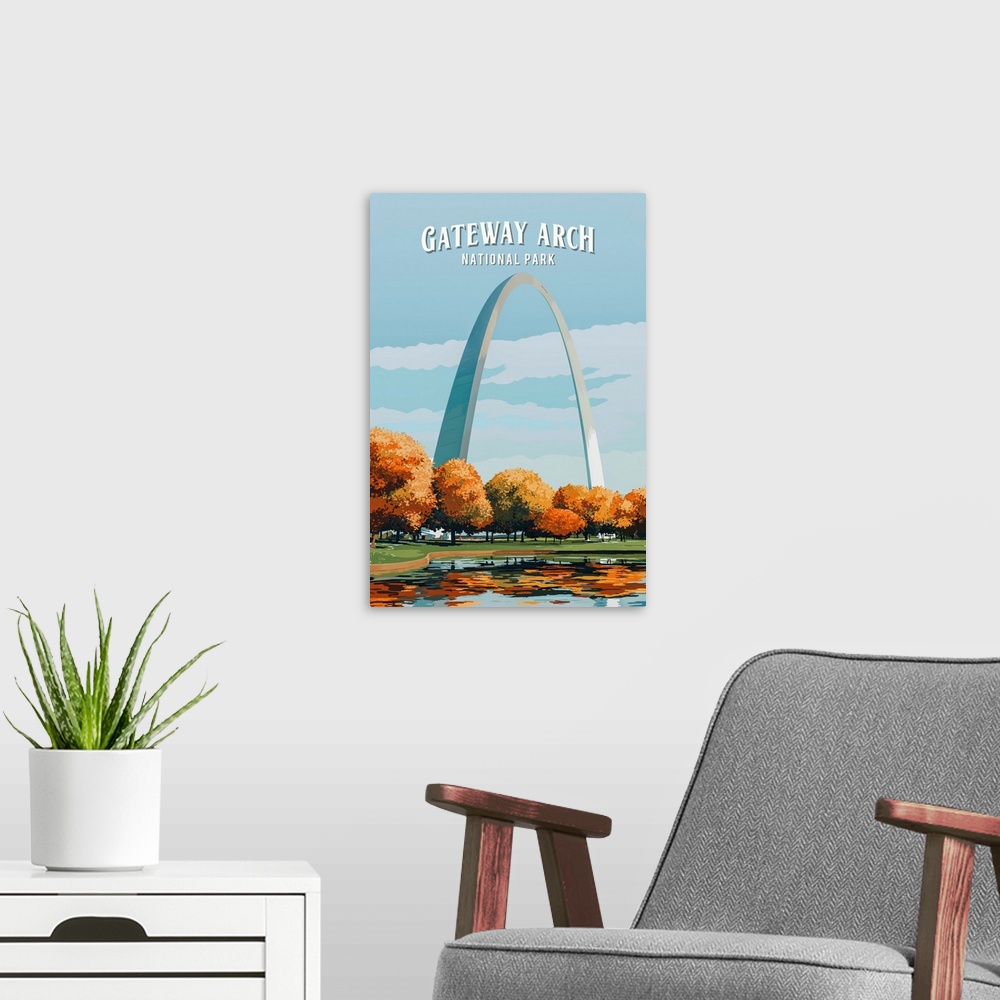 A modern room featuring Gateway Arch National Park, Gateway Arch Park: Retro Travel Poster