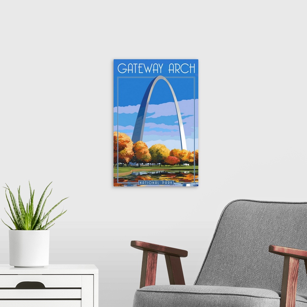 A modern room featuring Gateway Arch National Park, Gateway Arch Park: Retro Travel Poster