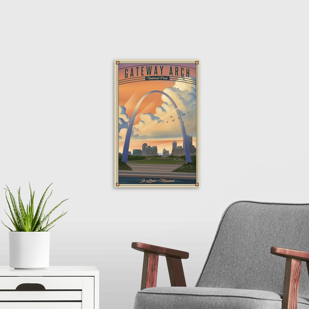 A modern room featuring Gateway Arch National Park, St. Louis: Retro Travel Poster
