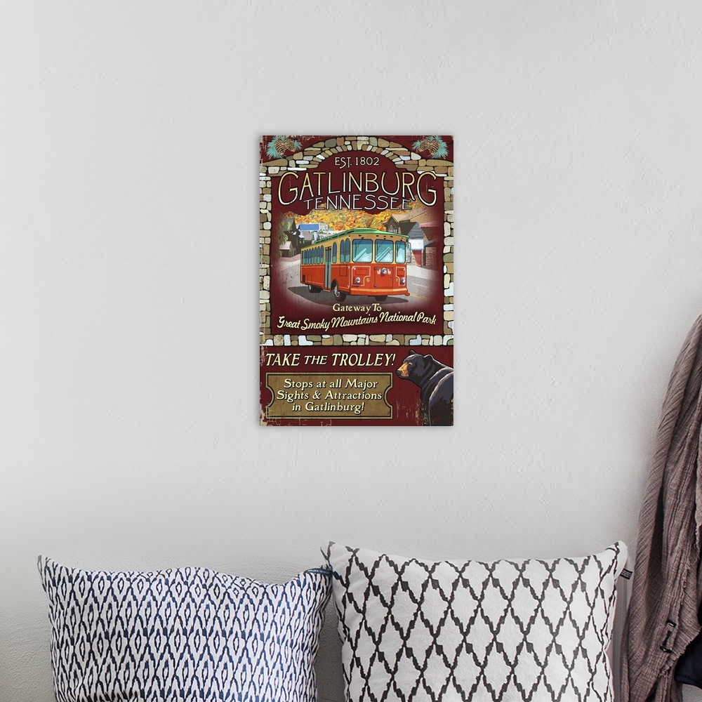 A bohemian room featuring Retro stylized art poster of Trolley in a city street.