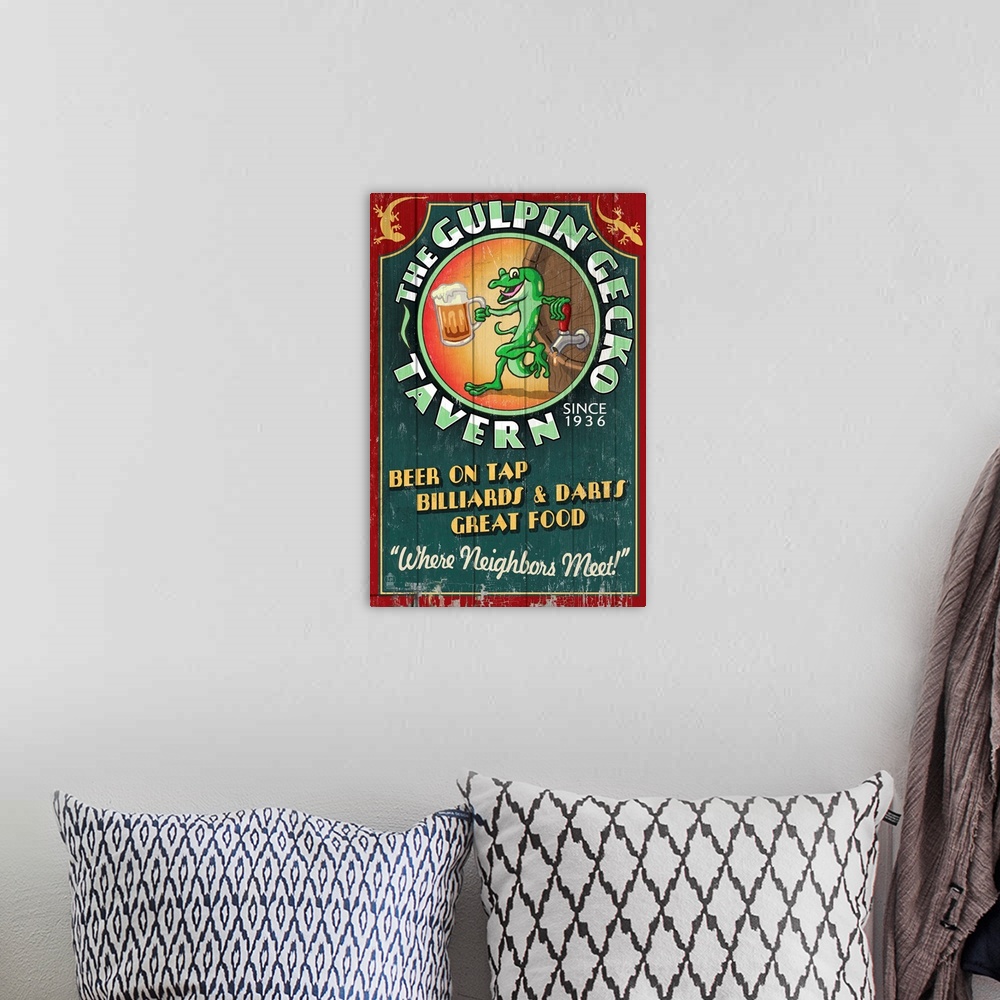 A bohemian room featuring Gecko Tavern, Vintage Sign
