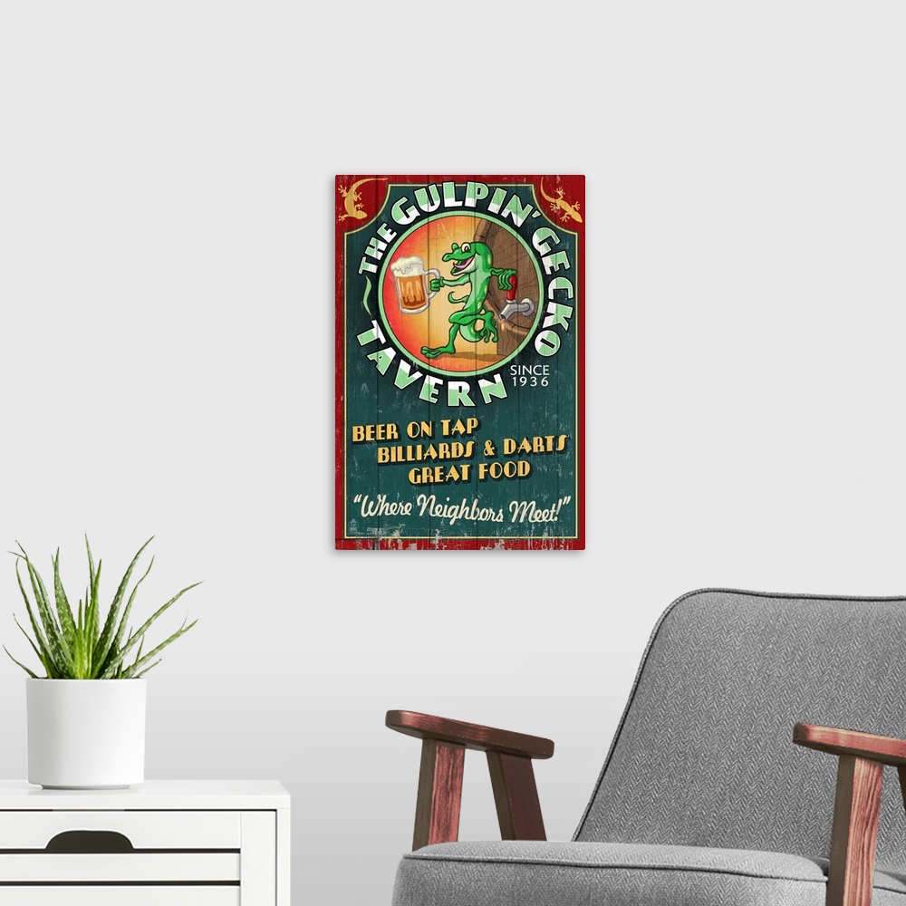 A modern room featuring Gecko Tavern, Vintage Sign