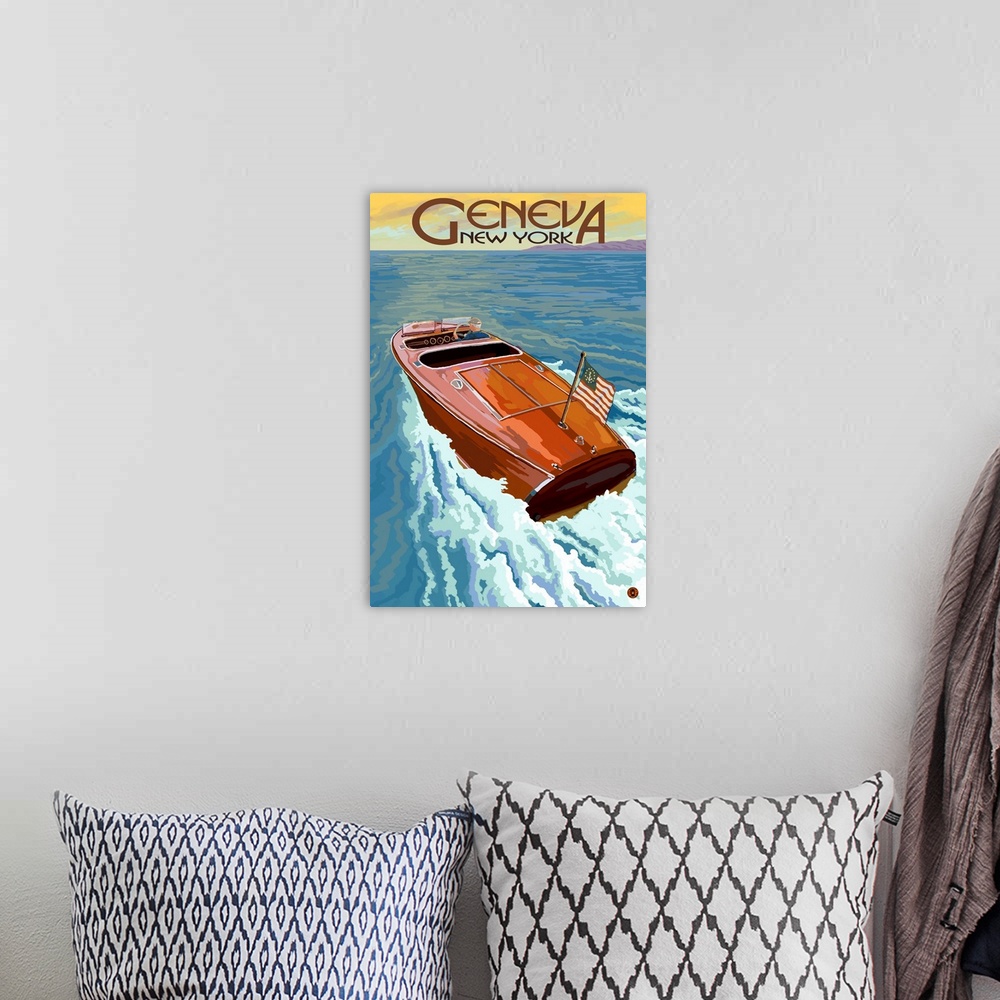 A bohemian room featuring Geneva, New York - Wooden Boat on Lake: Retro Travel Poster