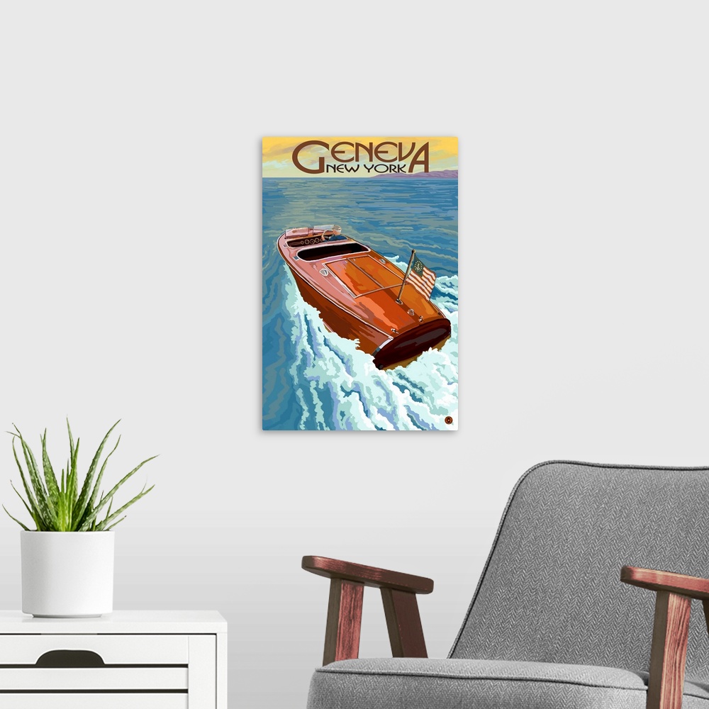 A modern room featuring Geneva, New York - Wooden Boat on Lake: Retro Travel Poster